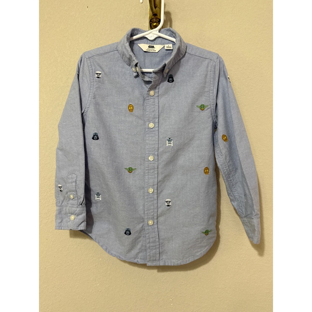 Janie and Jack Star Wars Button Down Kids 4 Blue Embroidered Character Oxford